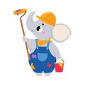 Elephant Builder Character Standing with Paint Roller and Bucket Vector Illustration