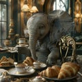 an elephant is busily drinking coffee at a table in a cozy cafe