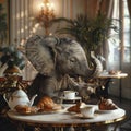 an elephant is busily drinking tea at a table in a cozy cafe