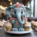 Extravagant Elephant Cake: Detailed Character Design In Light Teal And Pink