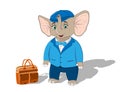 Elephant calf in a blue jacket and peaked cap with an orange briefcase on a white background