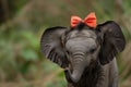 An elephant calf with a coral bow stands before a blurred green background, cute and cheerful scene. appeal for use