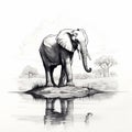 Hyperrealistic Black And White Elephant Illustration On Water