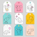 Elephant cards. cartoon funny baby elephants in action poses. vector tags templates Royalty Free Stock Photo