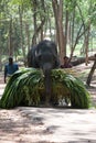 Elephant carries an armful of green under the supervision gadman