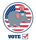 Elephant Cartoon Character With Uncle Sam Hat Over USA Flag Label And Text