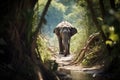 elephant casting a shadow on a jungle trail