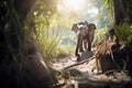 elephant casting a shadow on a jungle trail