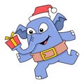 Elephant celebrating christmas carrying a gift box, doodle icon image kawaii