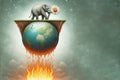Elephant and chamomile over the burning Earth, ecological surrealism. Space for text. Royalty Free Stock Photo