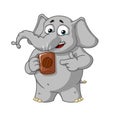 Elephant. Character. Coffee break. Offers a cup of coffee. Big collection of elephants. Vector, cartoon