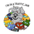 Elephant. Character. Standing in a traffic jam. Steering wheel in hands. A lot of cars. Royalty Free Stock Photo