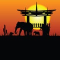 Elephant and chinese construction silhouette