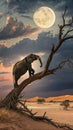 Elephant climbing dead tree under moon desert Royalty Free Stock Photo