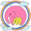 Elephant with an elephant on the clouds, on the rainbow. The concept of motherhood, caring, love, peace, tenderness.