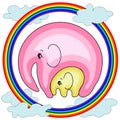 Elephant with an elephant on the clouds, on the rainbow. The concept of motherhood, caring, love, peace, tenderness Royalty Free Stock Photo