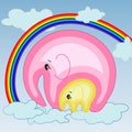 Elephant with an elephant on the clouds, on the rainbow. The concept of motherhood, caring, love, peace, tenderness