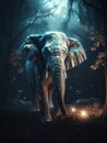 Elephant in a dark ominous forest in night, magic glow and shine, generative ai