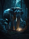 Elephant in a dark ominous forest in night, magic glow and shine, generative ai