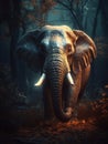 Elephant in a dark ominous forest in night, magic glow and shine, generative ai