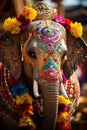 an elephant decorated with colorful flowers