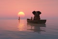 Elephant and dog are floating in a boat