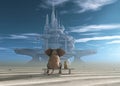 Elephant and Dog sit in the desert and look at the futuristic city