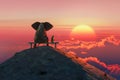 Elephant and dog sit on a mountain top