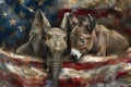 An elephant and donkey against an American flag. symbol of Republican and Democrat political party