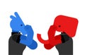 Elephant and Donkey versus. Democrat and Republican battle. Political patriotic vs. Red and blue fight Royalty Free Stock Photo