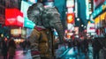 elephant donning a trendy jacket, towering over the bustling streets against the backdrop of a charming city night view.