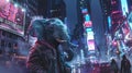 elephant donning a trendy jacket, towering over the bustling streets against the backdrop of a charming city night view.