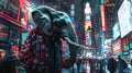 elephant donning a trendy jacket, towering over the bustling streets against the backdrop of a charming city night view.