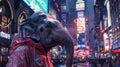 elephant donning a trendy jacket, towering over the bustling streets against the backdrop of a charming city night view.