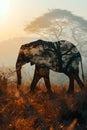 elephant in double exposure merge its