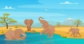 Elephant drink water. Savanna wild animals walking in kenya safari travel exact vector cartoon background