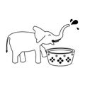 Elephant drinking water from pot cartoon in black and white Royalty Free Stock Photo