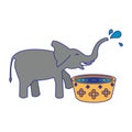 Elephant drinking water from pot cartoon blue lines Royalty Free Stock Photo