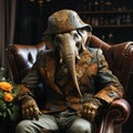 Elephant in Embroidered Suit Seated Elegantly in Library. AI generation Royalty Free Stock Photo