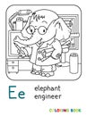 Elephant engineer ABC coloring book. Alphabet E