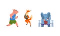 Elephant Exercising with Barbell, Pig Skating on Ice, Pig Running, Powerful Wild Animals Characters Doing Sports Vector