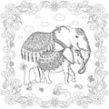Elephant family doodle sketch, floral frame. Animal outline hand drawn ink monochrome art design element