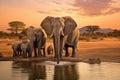 Elephant family drinking water in savannah. Generative AI Royalty Free Stock Photo