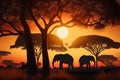 Elephant family in the evening savannah - silhouettes of elephants in the rays of the setting sun Royalty Free Stock Photo
