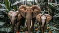 Elephant family in lush jungle passing red heart flowers, showing unique bond and interactions.