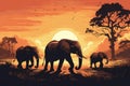 Elephant Family on Savannah at Sunset Royalty Free Stock Photo
