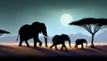 Elephant family silhouetted against twilight sky while walking in the savannah Royalty Free Stock Photo