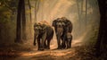 Elephant family walking together in the forest. Generative AI Royalty Free Stock Photo