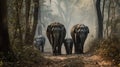 Elephant family walking together in the forest. Generative AI Royalty Free Stock Photo