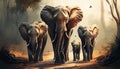 Elephant family walking together in the forest. Generative AI Royalty Free Stock Photo